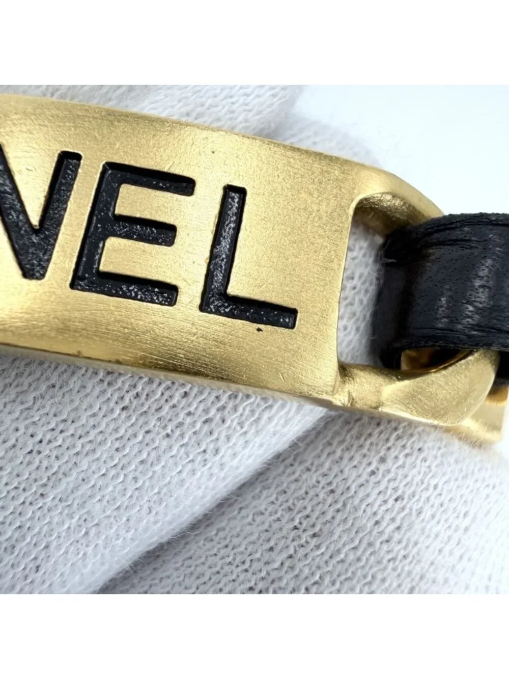 Chanel Choker CC Logo Plate Necklace Adjustable Leather 95P Gold Black